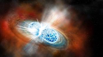 Καλλιτεχνική απεικόνιση του βίαιου φαινομένου της συγχώνευσης δύο αστέρων νετρονίων