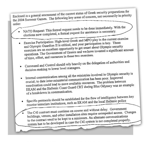 Αποσπάσματα από το διαβαθμισμένο έγγραφο, όπου προκύπτει η ΝΑΤΟική εμπλοκή στην «ασφάλεια» των Ολυμπιακών Αγώνων