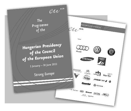Οι πολυεθνικές - σπόνσορες φιγουράρουν στην τελευταία σελίδα του προγράμματος που δημοσιοποίησε η Ουγγρική προεδρία του Ευρωπαϊκού Συμβουλίου