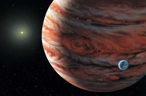 Φανταστική απεικόνιση του παρόμοιου με το Δία πλανήτη στον αστέρα 55 του Καρκίνου. Το άστρο φαίνεται αριστερά στο βάθος, ενώ σε πρώτο πλάνο απεικονίζεται ένα υποθετικό φεγγάρι του πλανήτη