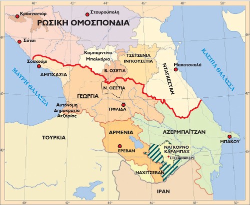 Μετά την πρόσφατη σύγκρουση το Αζερμπαϊτζάν έχει ανακτήσει σχεδόν όλα τα εδάφη γύρω από το Ναγκόρνο Καραμπάχ (το διαγραμμισμένο μέρος) και τμήμα του από το νοτιότερο άκρο έως τη Σούσα, ενώ έχει δοθεί ένας διάδρομος στο Λατσίν για να συνδέεται η Αρμενία με το υπόλοιπο τμήμα του Ν. Καραμπάχ