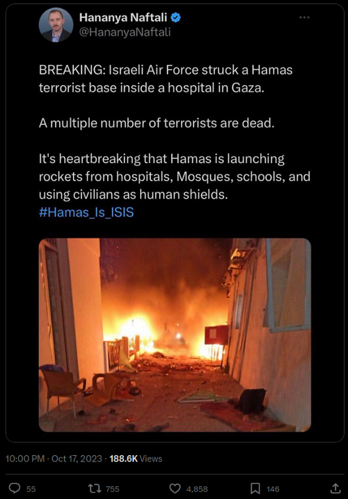 Η ανάρτηση του Hananya Naftali για το «χτύπημα βάσης των τρομοκρατών μέσα σε νοσοκομείο», η οποία κατέβηκε όταν άλλαξε η «γραμμή»...