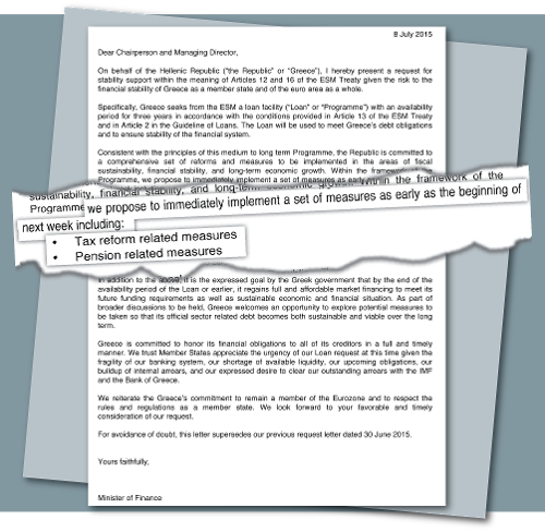 Η επιστολή Τσακαλώτου που βρισκόταν στην εισηγητική έκθεση του νομοσχεδίου και αναφέρει ξεκάθαρα το τι μέτρα θα παρθούν. Αυτήν την επιστολή δημοσίευσε ο «Ριζοσπάστης» στις 9/7/2015