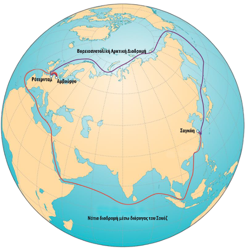 Χάρτης που δείχνει τη σημασία του Βορειοανατολικού Περάσματος της Αρκτικής