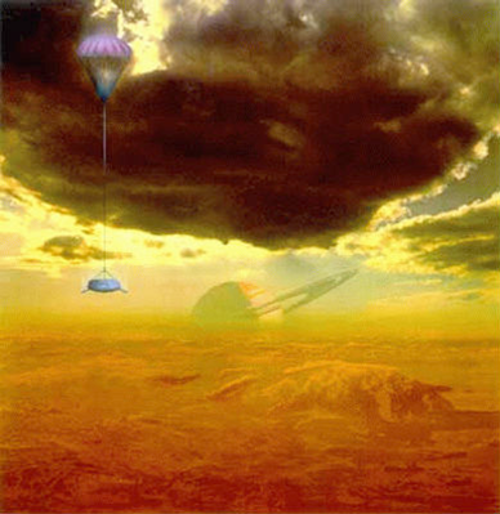 Η κάθοδος του Χόιγκενς μέσα στην ατμόσφαιρα του Τιτάνα, όπως τη φαντάζεται ο καλλιτέχνης