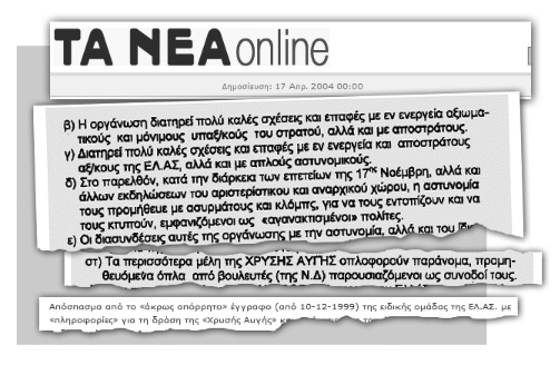 Η απόρρητη έκθεση του τμήματος της ίδιας της Ελληνικής Αστυνομίας, με ημερομηνία 10/12/1999, το οποίο μιλά για στενές διασυνδέσεις των ναζιστών με την ΕΛ.ΑΣ., που δημοσιεύτηκε στα «Νέα» στις 17/4/2004