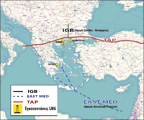 Χάρτης όπου αποτυπώνονται τα σχέδια για τους αγωγούς ΤΑΡ και IGB, τον «East Med Pipeline» και τη διασύνδεσή τους με εγκαταστάσεις LNG