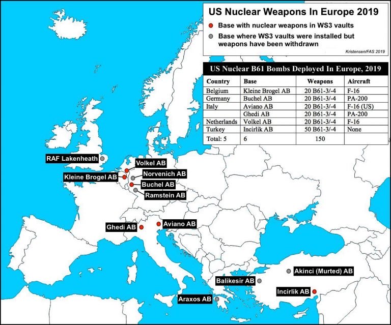 Το γράφημα της FAS όπου αποτυπώνονται οι βάσεις που φιλοξενούν ή μπορούν να αποθηκεύσουν πυρηνικά όπλα σε Ευρώπη και Τουρκία, ανάμεσά τους και ο Αραξος