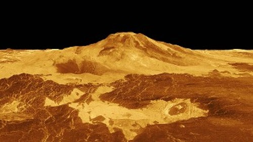 Τρισδιάστατη εικόνα του ηφαιστείου Μάατ στην Αφροδίτη, σχηματισμένη από τα δεδομένα σαρώσεων της επιφάνειας του πλανήτη, με ραντάρ, που είχε πραγματοποιήσει η αποστολή «Μαγγελάνος» της NASA.