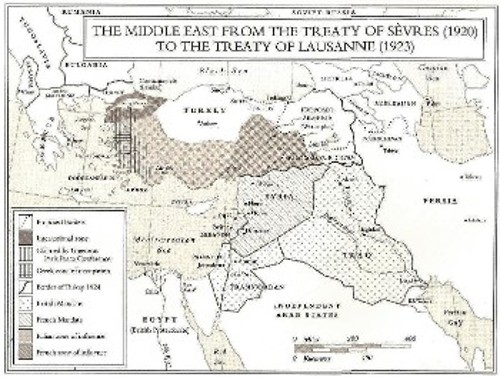 Χάρτης της Συνθήκης της Λοζάνης, με την οποία Συρία και Λίβανος περνούν στην Γαλλική Εντολή, Ιράκ, Παλαιστίνη και Υπεριορδανία, Παλαιστίνη και Ιράκ στην Βρετανική Εντολή