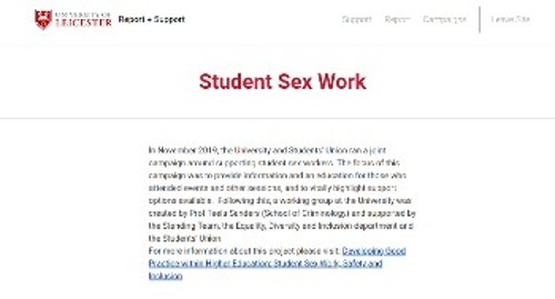 Η σελίδα του Πανεπιστημίου του Leicester για τη στήριξη της «φοιτητικής σεξεργασίας»