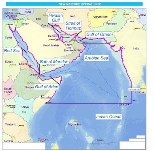 Χάρτης του Στρατηγείου της ΕΕ στη Λάρισα δείχνει ότι η ζώνη ευθύνης της επιχείρησης «Aspides», άρα και της φρεγάτας «ΥΔΡΑ», είναι μέχρι και τα χωρικά ύδατα του Ιράν στον Περσικό Κόλπο, τα Στενά του Ορμούζ και τον Κόλπο του Ομάν, όπως και ολόκληρος ο Ινδικός Ωκεανός