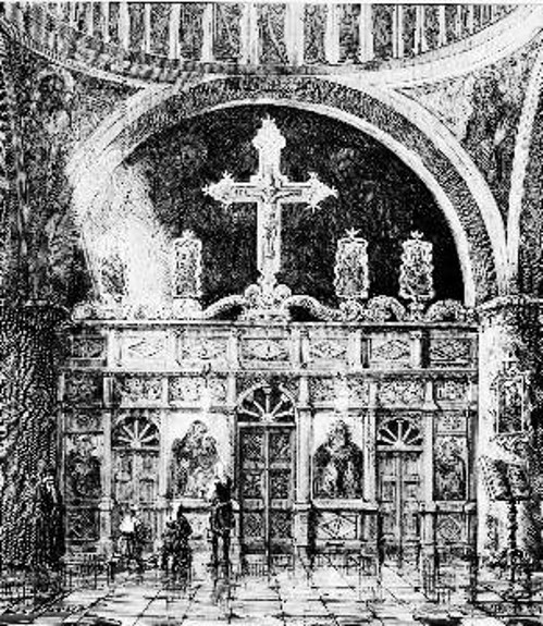 Εσωτερικό του Βυζαντινού Ναού του Αγ. Γεωργίου. Διακρίνεται το περίφημο τέμπλο (ξυλογραφία H. BELLE, 1876)