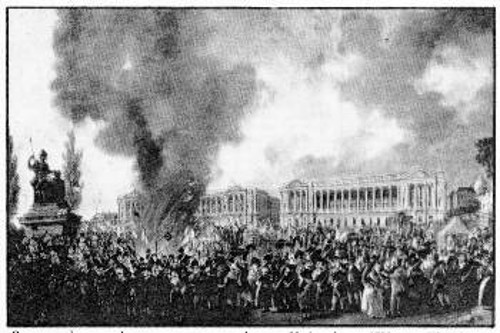 Ο εορτασμός της ενότητας των επαναστατών στις 10 Αυγούστου 1793 στην πλατεία της Επανάστασης. Ο λαός καταστρέφει τα εμβλήματα της μοναρχίας