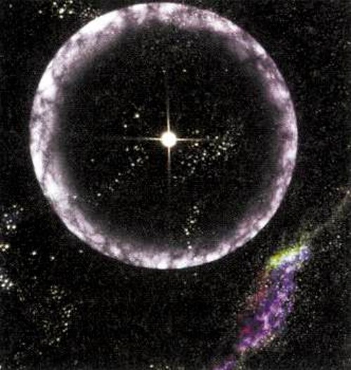 Καλλιτεχνική σύλληψη της έκρηξης ακτίνων γάμα το Δεκέμβρη του 2004, της φωτεινότερης που καταγράφηκε μέχρι σήμερα, καθώς διευρύνεται σφαιρικά γύρω από τον αστέρα SGR 1806-20