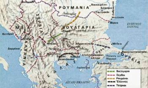 Χάρτης, όπου σημειώνονται οι κύριες κινήσεις των στρατών κατά τον Β΄Βαλκανικό Πόλεμο και τις ανακατατάξεις των συνόρων που έγιναν ύστερα από αυτόν