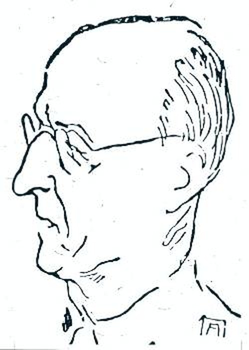 Σκίτσο του Αντώνη Πρωτοπάτση, στον «Ρ» 18/2/1947, στο κείμενο της αναγγελίας του θανάτου του Ν. Καρβούνη