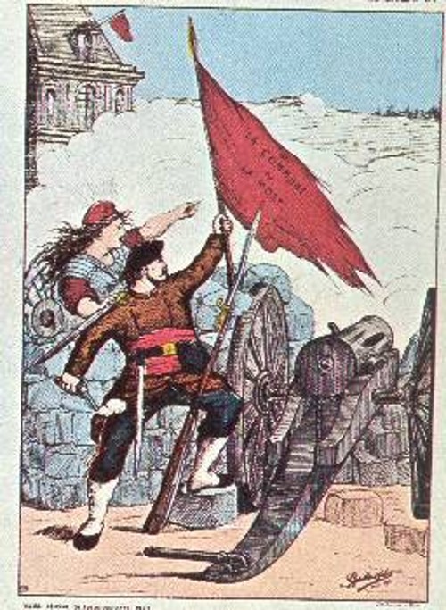 Εξώφυλλο του Περιοδικού «Επίκαιρα», Απρίλης 1871. Το σχέδιο δείχνει να καλεί σε επίθεση στις Βερσαλλίες