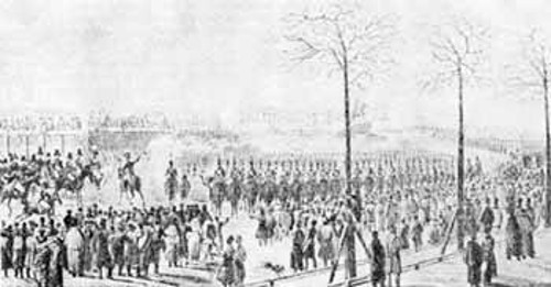 «Η εξέγερση στην πλατεία της Γερουσίας, στην Πετρούπολη, στις 14 Δεκέμβρη 1825» (Ακουαρέλα του Κ. Ι. Κόλμαν)
