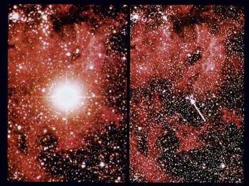 Πριν από την έκρηξη (δεξιά) το αστέρι που κατέληξε στον υπερκαινοφανή 1987Α διακρίνεται μέσω τηλεσκοπίου ως μια «τελεία» ανάμεσα στις χιλιάδες του μικρού γαλαξία που συνοδεύει το δικό μας, σε απόσταση 163.000 χιλιάδων ετών φωτός. Μετά την έκρηξη (αριστερά), το αστέρι έγινε ορατό διά γυμνού οφθαλμού από τη Γη, καθώς η φωτεινότητά του αυξήθηκε κατά 5.000 φορές!