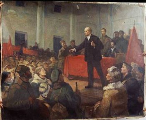 Ο Λένιν μιλάει στον επαναστατημένο λαό. Από ζωγραφικό πίνακα του Ulagin (1968)