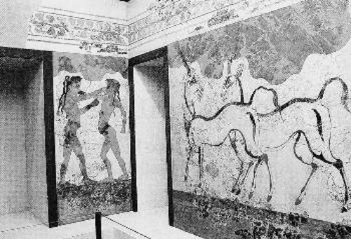 Τοιχογραφία από το Ακρωτήρι, με πυγμάχους και αντιλόπες (βρίσκεται στο Εθνικό Αρχαιολογικό Μουσείο)