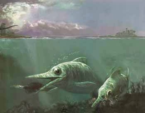 Σκηνή από τις θάλασσες της Ιουράσιας Περιόδου, με ιχθυόσαυρους να κυνηγούν καλαμάρια, όπως τη φαντάστηκε ο καλλιτέχνης