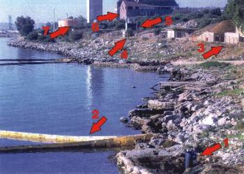 1. Μία από τις γεωτρήσεις της ΠΕΤΡΟΛΑ στο χώρο ιδιοκτησίας της ΠΥΡΚΑΛ2. Το φράγμα της ΠΕΤΡΟΛΑ για να συγκρατήσει τη διαρροή πετρελαίου στη θάλασσα 3. Η αποθήκη με εκρηκτικά υλικά της ΠΥΡΚΑΛ4-5. Η περίφραξη της ΠΥΡΚΑΛ και το φυλάκιο6. Το παλιό εργοστάσιο της OWENS που σχεδιάζεται να κατεδαφιστεί για να γίνει η επέκταση του διυλιστηρίου7. Οι εγκαταστάσεις της ΠΕΤΡΟΛΑ
