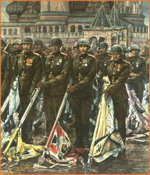 Αντιφασιστική Νίκη. Πίνακας που απεικονίζει στρατιώτες του Κόκκινου Στρατού, να σέρνουν τα φασιστικά σύμβολα στην Κόκκινη Πλατεία στην παρέλαση της Νίκης, 24 Ιούνη 1945