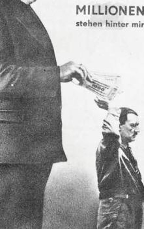 Ο Χίτλερ συνήθιζε να αναφωνεί: «Με ακολουθούν εκατομμύρια». Εδώ μια αντιφασιστική φωτογελοιογραφία του 1935, που σατιρίζει το σύνθημα του Χίτλερ και αναφέρεται στις σχέσεις του ναζιστικού κόμματος με το μεγάλο κεφάλαιο