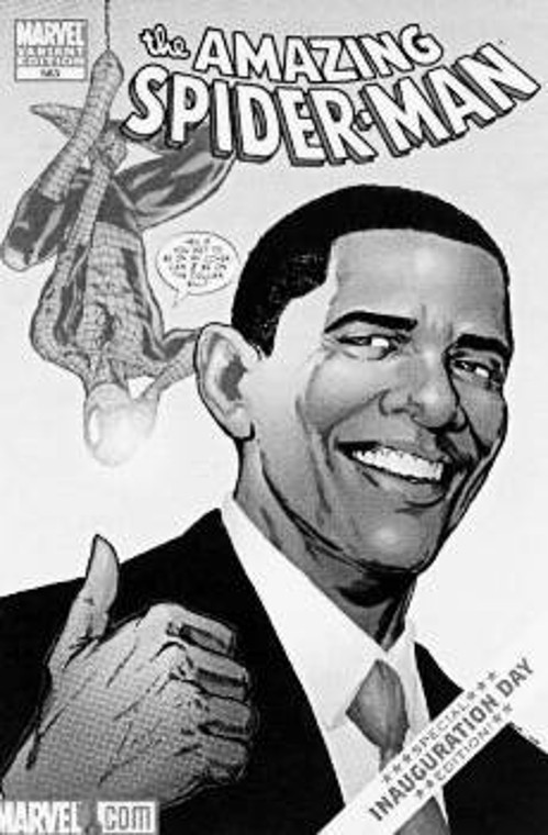 Το εξώφυλλο του νέου τεύχους του «Σπάιντερμαν» (δημοσιεύτηκε στην «Ελευθεροτυπία) με πρωταγωνιστή τον Ομπάμα, ο οποίος, πλην του «ανθρώπου -αράχνη», λατρεύει έναν ακόμα Αμερικανό «υπερ-ήρωα»: Τον «Κόναν τον Βάρβαρο»...