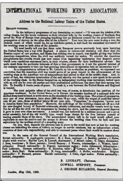 Διακύρηξη της Διενθούς στην Εθνική Ενωση Εργασίας των ΗΠΑ, που έγραψε ο Μάρξ στις 12 Μάη του 1869.