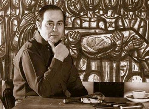 Ο Α. Τάσσος με φόντο μέρος από την περίφημη ξυλογραφία του «Πολυτεχνείο»