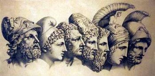 Οι ήρωες του Τρωικού Πολέμου, από αριστερά: Μενέλαος, Πάρης, Διομήδης, Οδυσσέας, Νέστορας, Αχιλλέας, Αγαμέμνωνας