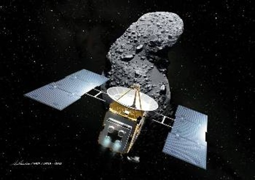 Καλλιτεχνική απεικόνιση της διαστημοσυσκευής Χαγιαμπούσα με τον αστεροειδή Ιτοκάουα στο βάθος