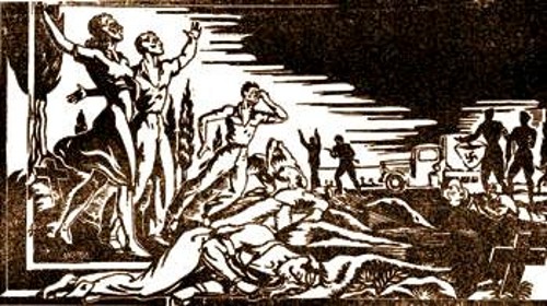 Το μεγάλο «Μπλόκο» της Κοκκινιάς όπως το είδε λαϊκός καλλιτέχνης (από την έκδοση της ΕΠΟΝ Πειραιά - Ιούλης 1945 -«Σπάμε την άτιμη την αλυσσίδα»)