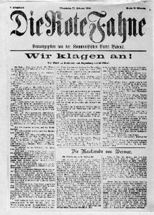Η εφημερίδα «Ρότε Φάνε» σε πρωτοσέλιδό της στις 22 Φλεβάρη 1919, αναφέρεται στη δολοφονία του Καρλ Λίμπκνεχτ και της Ρόζα Λούξεμπουργκ
