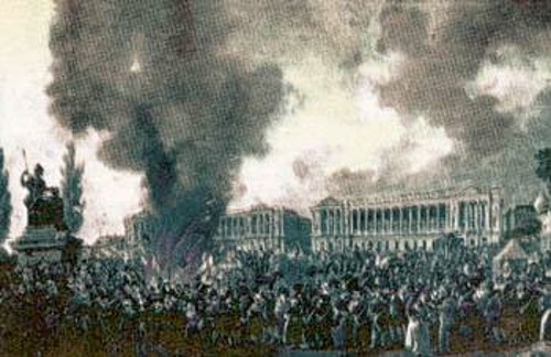Γαλλική αστική Επανάσταση: Ο γιορτασμός της ενότητας των επαναστατών στις 10 Αυγούστου 1793, στην πλατεία της Επανάστασης (σήμερα Place de la Concorde). Ο λαός καταστρέφει τα εμβλήματα της μοναρχίας