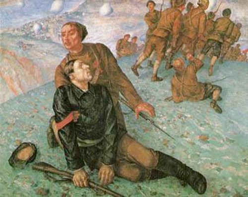 Η φωτογραφία του εξωφύλλου είναι λεπτομέρεια του πίνακα του Κ. Πετρόφ-Βόντκιν, «Ο θάνατος του επιτρόπου», 1928