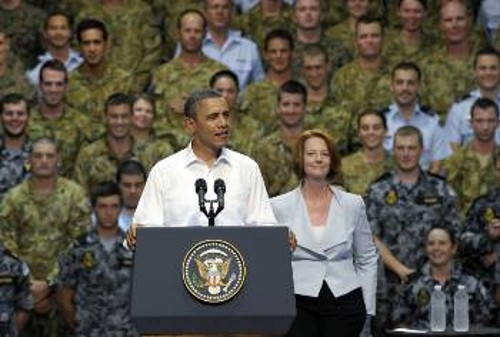 Στιγμιότυπο από την ομιλία του Ομπάμα σε Αυστραλούς στρατιώτες στο Ντάργουιν
