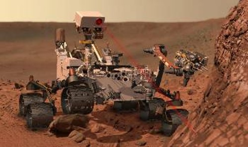 Η «Περιέργεια» σε πλήρη δράση πάνω στον Αρη, σε σχεδόν φωτογραφική καλλιτεχνική απεικόνιση