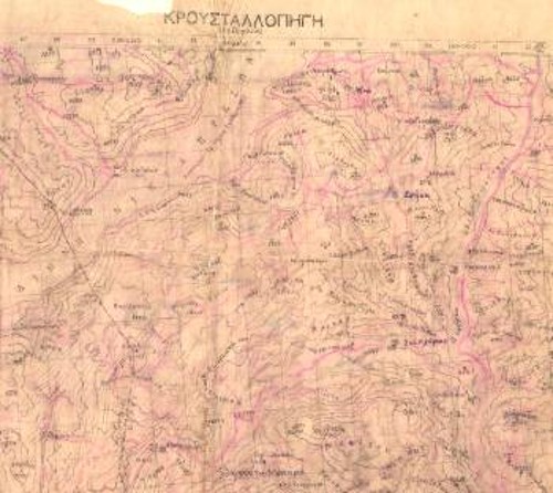 {9} 1948, χειρόγραφο αντίγραφο χάρτη στην περιοχή της Πρέσπας που περιέχει τις ονομασίες της εποχής. Πολύτιμος βοηθός στις σημερινές περιηγήσεις, στα βήματα των μαχητών του ΔΣΕ