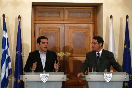 Από τις προχτεσινές κοινές δηλώσεις του Ελληνα πρωθυπουργού, Αλ. Τσίπρα, και του Κύπριου Προέδρου, Ν. Αναστασιάδη