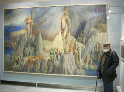Ο ζωγράφος Θωμάς Μώλος μπροστά στο έργο του στη μεγάλη έκθεση εικαστικών τεχνών προς τιμήν των 90χρονων του ΚΚΕ στην «Τεχνόπολη», στο Γκάζι / 13 - 11 – 2008