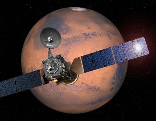 Καλλιτεχνική απεικόνιση της αποστολής «ExoMars» με φόντο τον κόκκινο πλανήτη