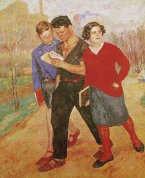 Στις εργατικές σχολές των ειδικών εκπαιδευτικών ιδρυμάτων γενικής μόρφωσης, που ιδρύθηκαν για την κατάρτιση της νεολαίας που δεν είχε μέση εκπαίδευση, προετοιμάστηκαν στα 1919-1940 πολλοί νέοι και νέες. Λεπτομέρεια του πίνακα του Μπ. Ιόγκανσον, «Η εργατική σχολή προχωρά», 1928
