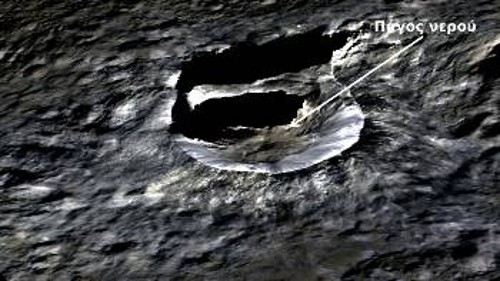 Ο μικρός φωτεινός κρατήρας Οξος (διαμέτρου 10 χιλιομέτρων) της Δήμητρας, σε εικόνα όπου έχουν διπλασιαστεί τεχνητά οι υψομετρικές διαφορές. Σε σημείο στον πυθμένα του εντοπίστηκε πάγος νερού
