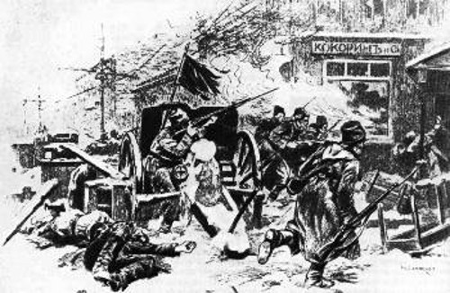 Ν. Σαμόκις, «Μάχες μπροστά στο αστυνομικό τμήμα», από τη σειρά σχεδίων «Από τα γεγονότα της επανάστασης του Φλεβάρη», 1917