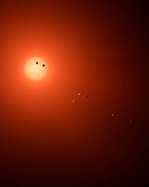 Καλλιτεχνική απεικόνιση του πλανητικού συστήματος TRAPPIST-1, όπως θα φαινόταν από τη Γη χρησιμοποιώντας ένα φανταστικό, απίστευτα ισχυρό τηλεσκόπιο. Τα μεγέθη και οι σχετικές θέσεις των πλανητών είναι με απόλυτη τήρηση των αναλογιών. Η απεικονιζόμενη διάταξη, με διπλή διάβαση πλανητών μπροστά από τον ερυθρό νάνο, αντιστοιχεί σε καταγραφή που έγινε από το Διαστημικό Τηλεσκόπιο Σπίτζερ στο τέλος του 2016