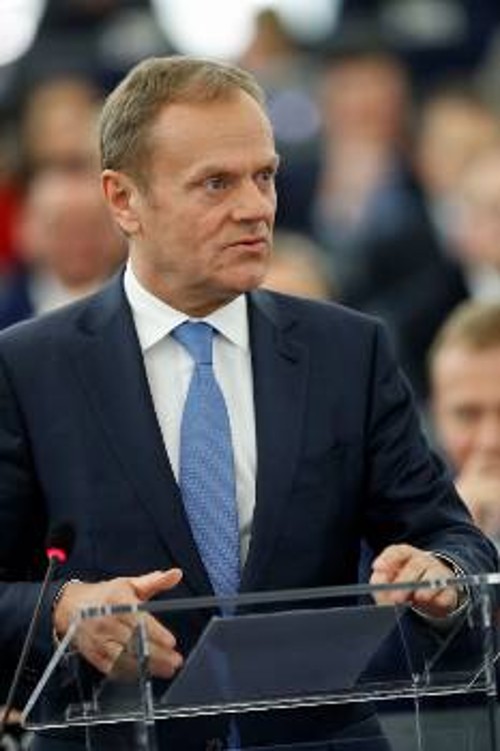 Ο πρόεδρος του Ευρωπαϊκού Συμβουλίου, Ντ. Τουσκ, στη χτεσινή συνεδρίαση του Ευρωκοινοβουλίου